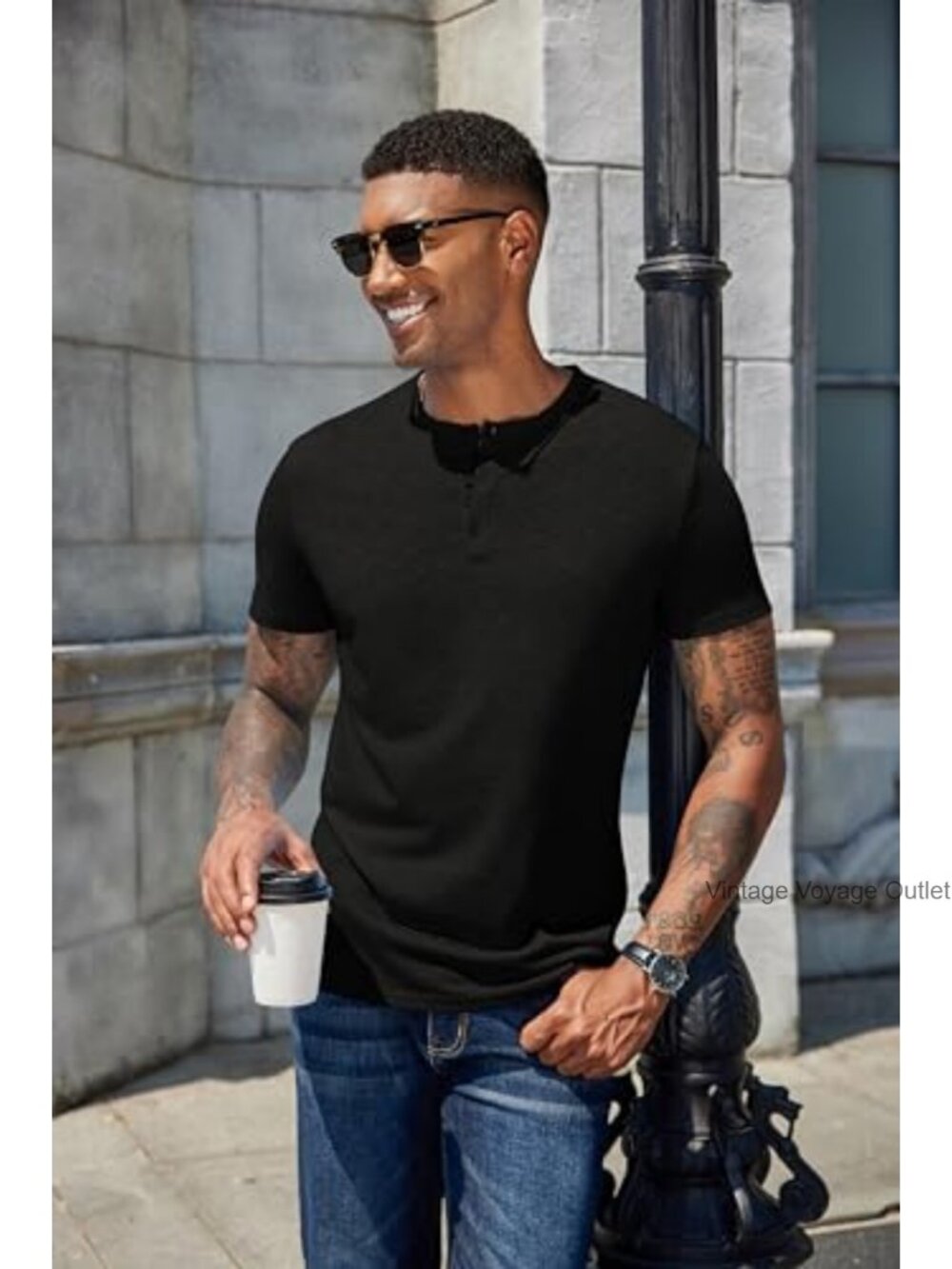 Men's Henley Shirt Short Sleeve Casual Tee Summer Button Stretch Top - Picture 4 of 6